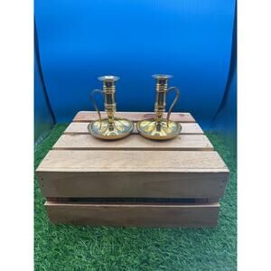 Vintage Solid Brass Chamberstick Candlesticks with Handles - Set of 2 Saucers